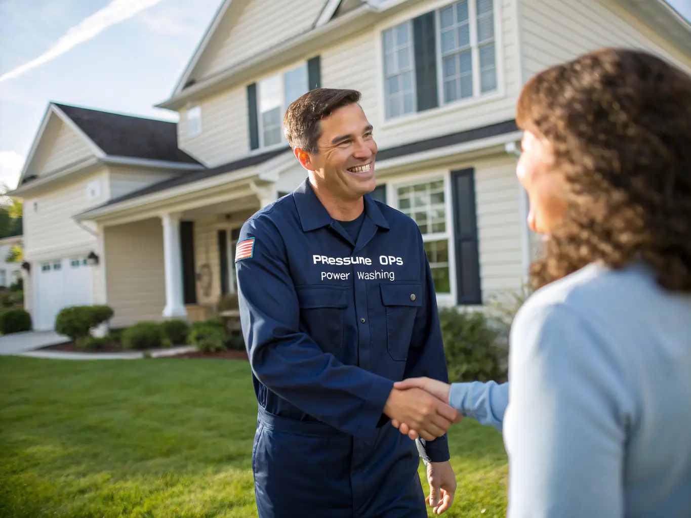 A friendly Gator Pressure Cleaning Services technician interacting with a satisfied homeowner in front of a freshly cleaned house, showcasing excellent customer service.