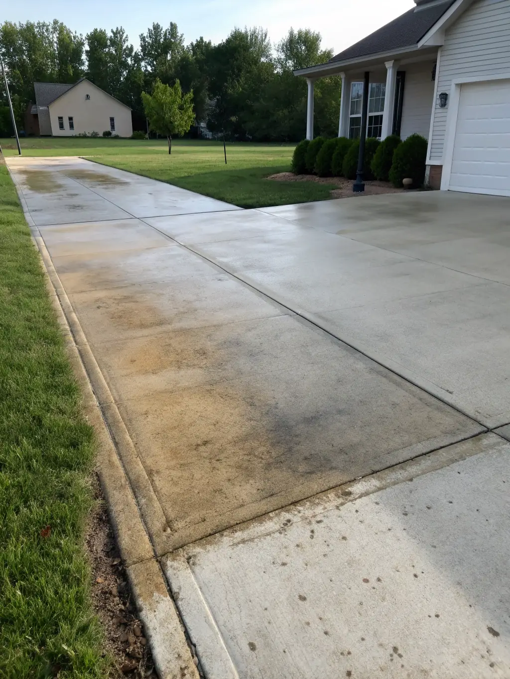 A residential driveway in Pembroke Pines, Florida, heavily stained with oil and dirt, before pressure washing. Focus on the grime and discoloration.