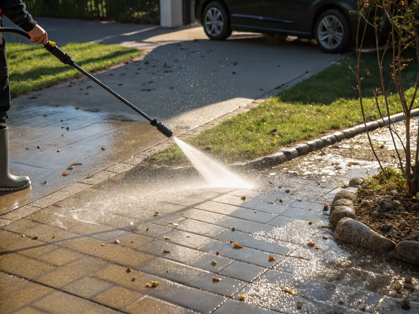 A residential driveway being pressure washed, showing a clear contrast between the dirty and clean sections, emphasizing the effectiveness of the service.