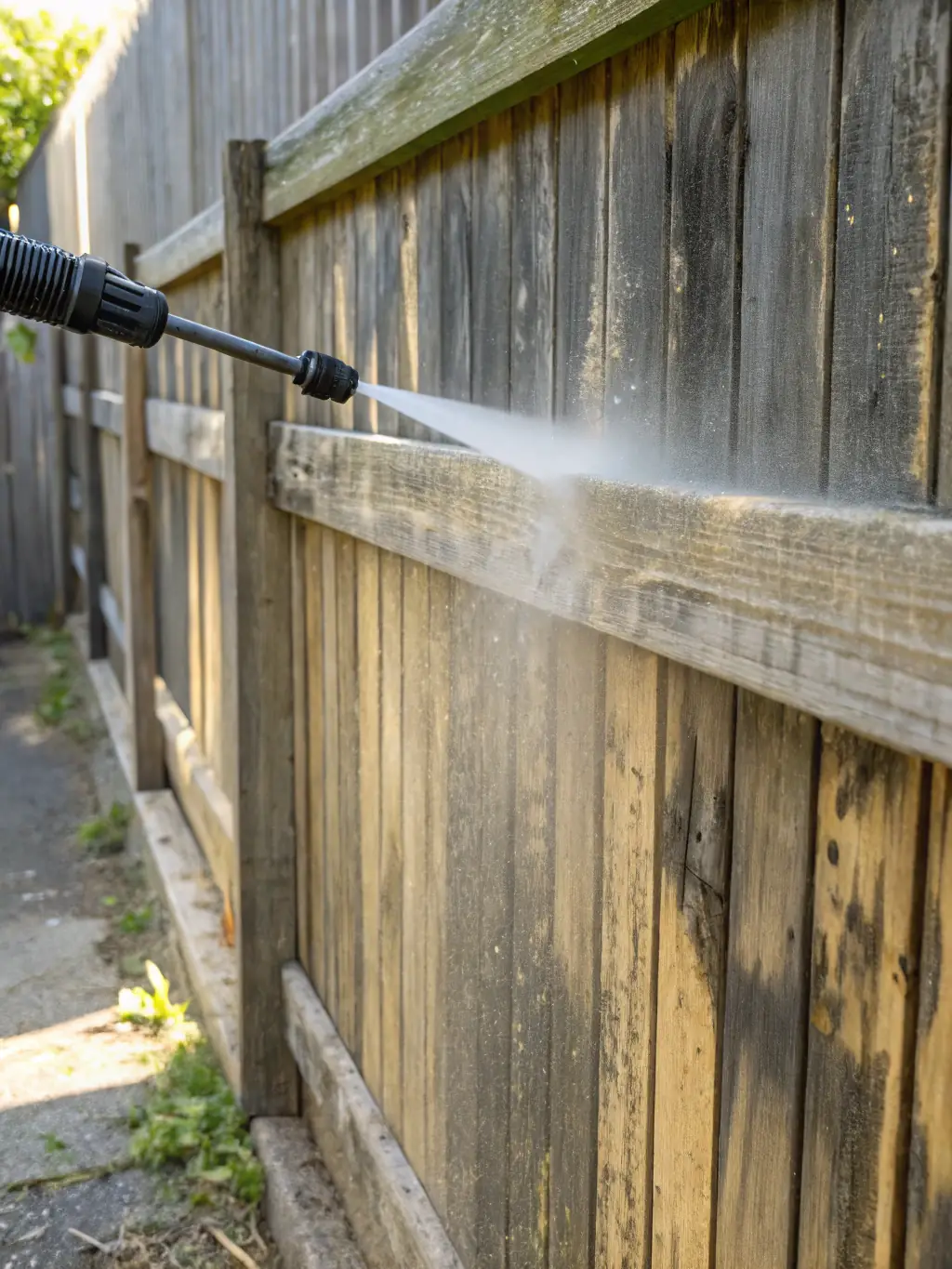 A weathered wooden fence in Pembroke Pines, covered in dirt and mildew, before fence cleaning. Show the contrast between dirty and clean areas.