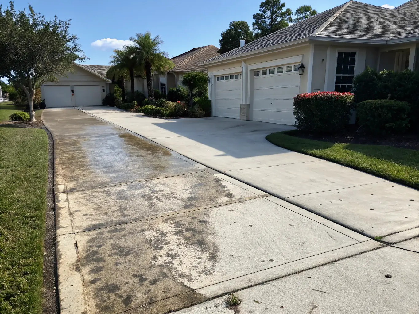 A before-and-after shot of a paver driveway, showcasing the removal of stains and dirt, restoring the pavers to their original vibrant colors.