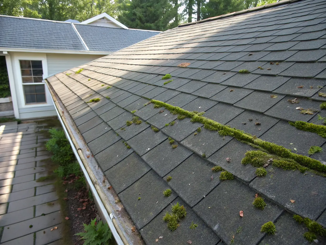 A roof being soft washed, with before-and-after sections clearly visible, demonstrating the gentle yet effective cleaning process.