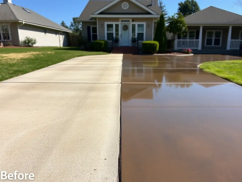 A before-and-after shot of a driveway cleaned by Gator Pressure Cleaning Services, demonstrating the effectiveness of their cleaning methods.